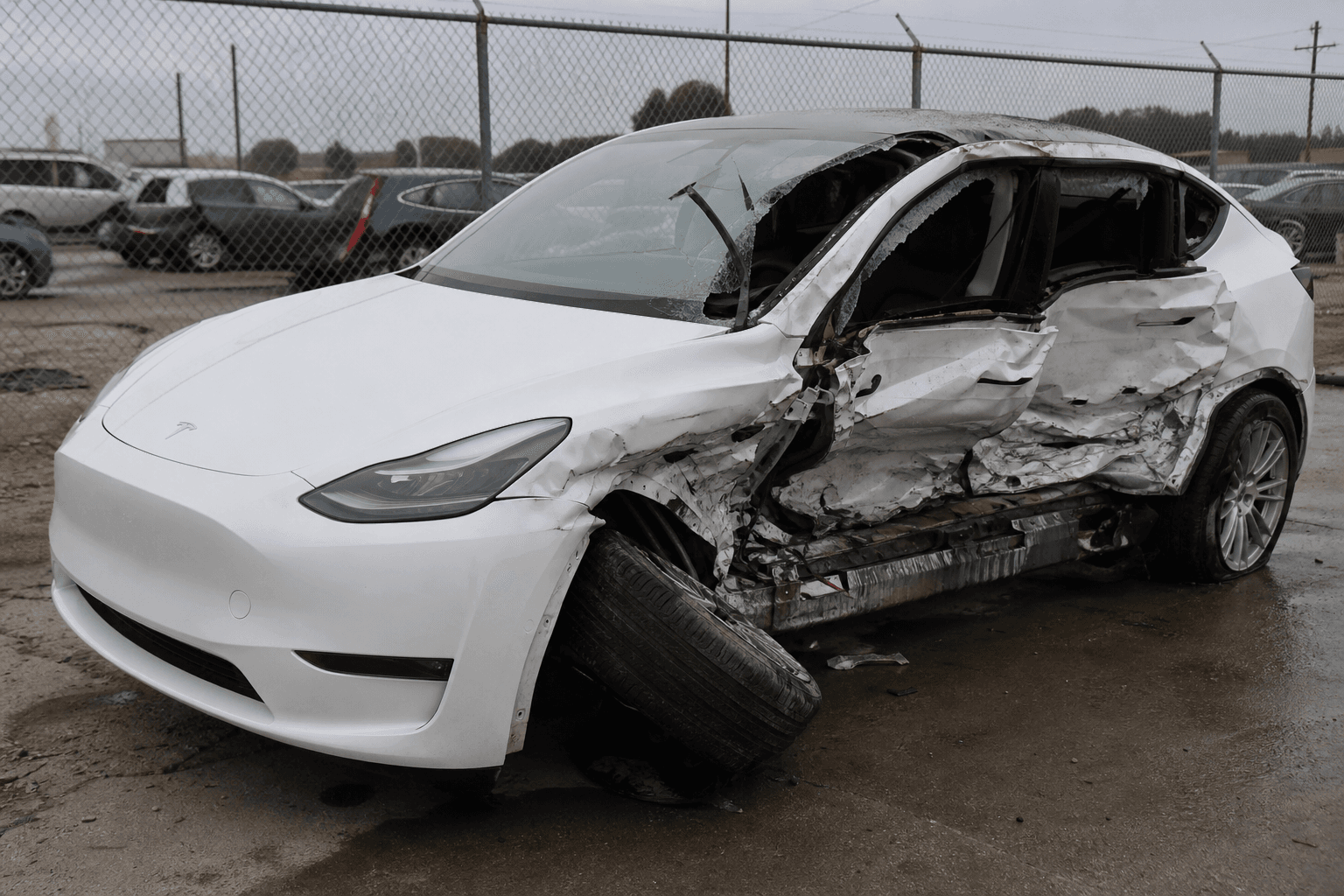 A pearl white 2021 Tesla Model Y AWD Long Range with severe driver-side T-bone collision damage, side panels caved in and battery pack visible, photographed in an impound yard.