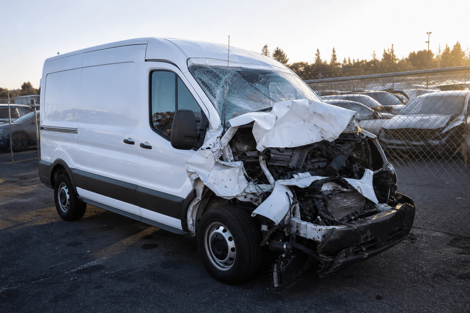 A plain white 2020 Ford Transit cargo van with catastrophic front-end collision damage, hood crumpled and folded back, photographed in a fenced impound yard during late afternoon.