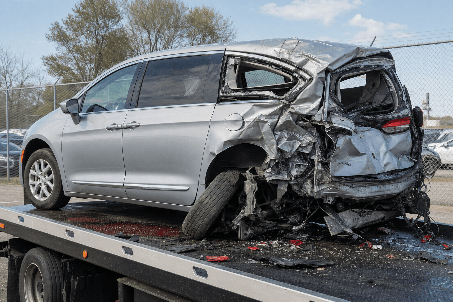 A silver 2020 Chrysler Pacifica with rear-end collision damage, parked on a suburban street with the trunk crushed and the rear quarter-panel buckled.