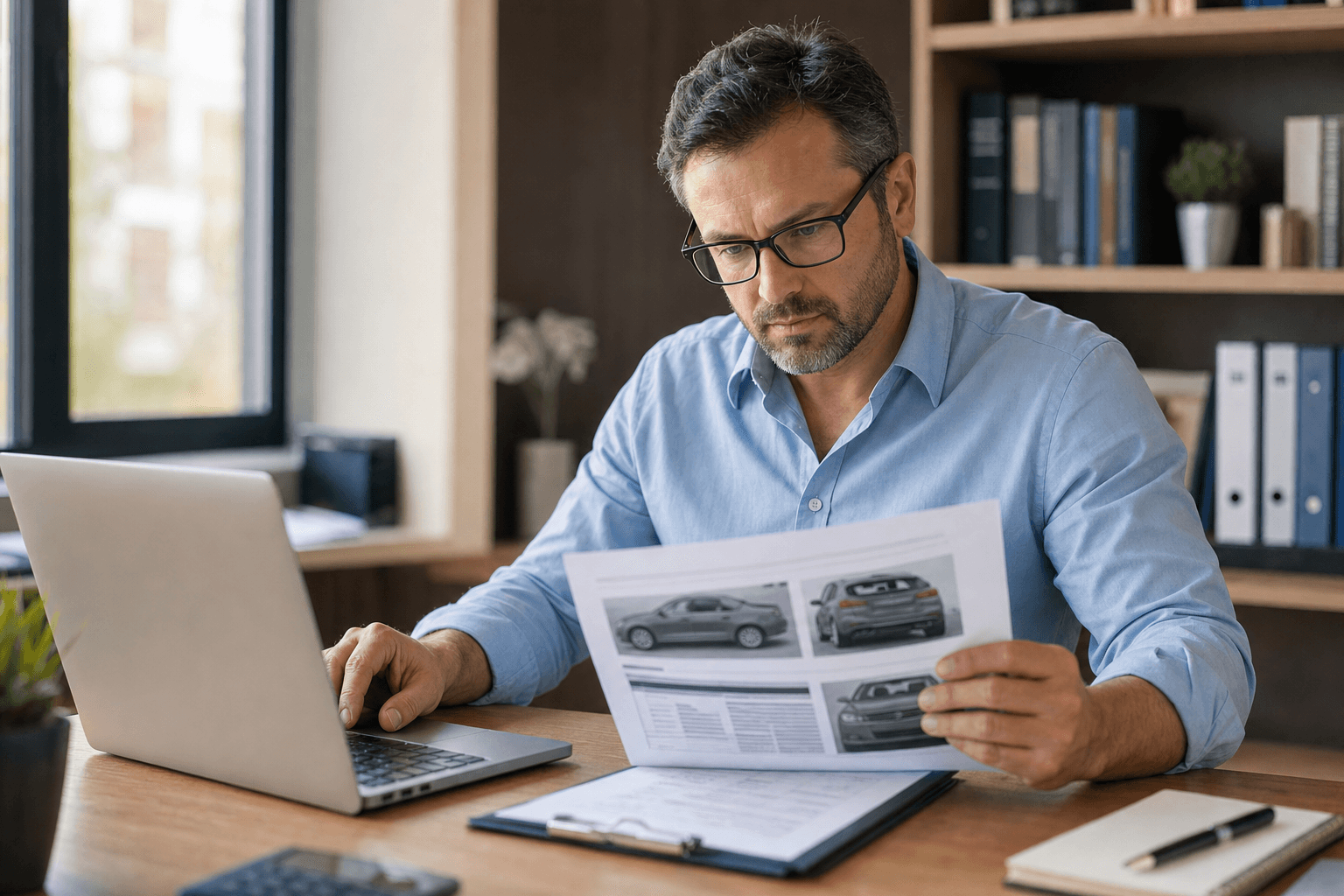An experienced independent vehicle appraiser reviews a total-loss claim file at a tidy professional workstation.