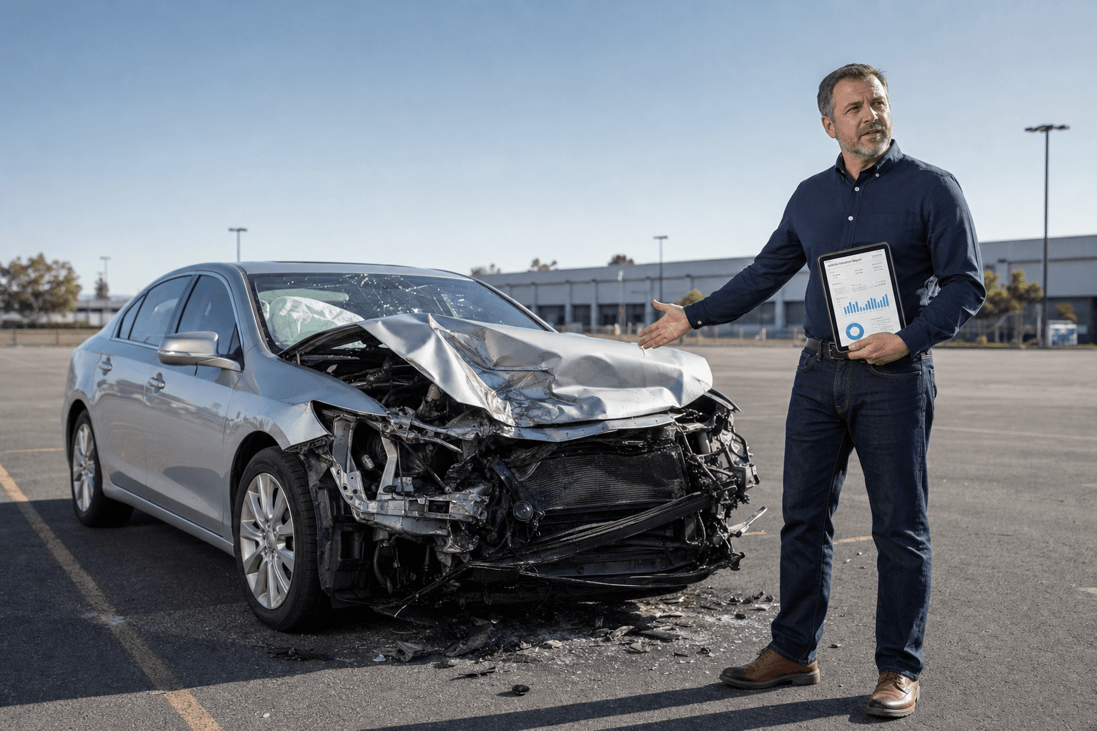 A professional independent appraiser stands beside a totaled silver sedan in a commercial parking lot, holding a tablet that displays a clean valuation report dashboard.