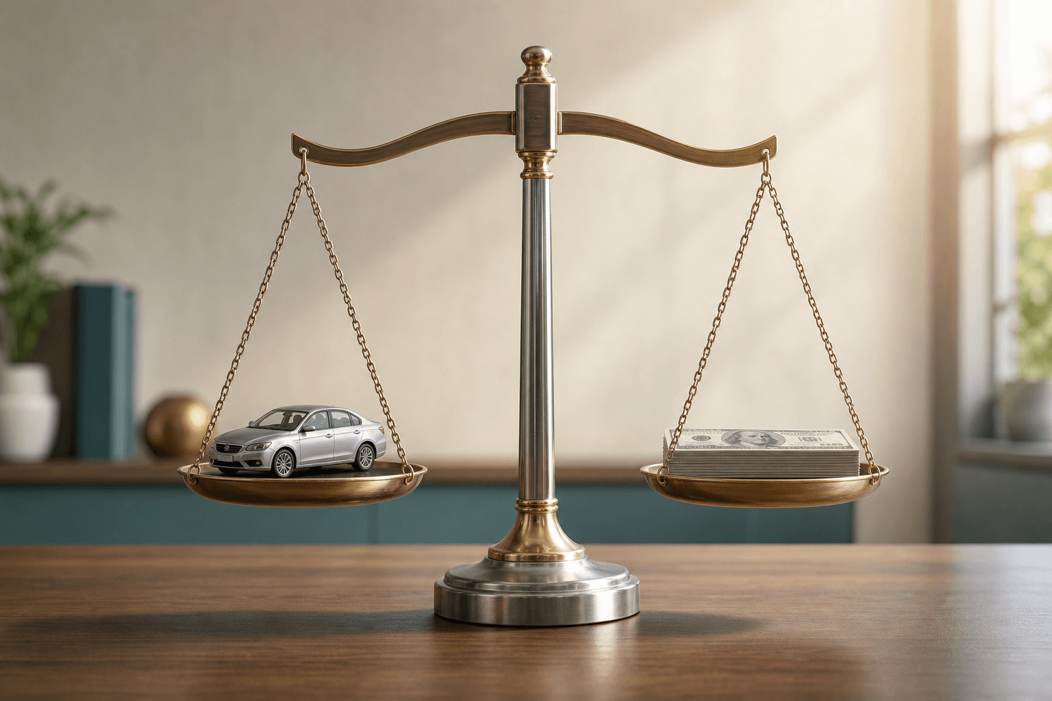 Professional vehicle appraisal materials laid out on a desk: notebook, pen, calculator, and reference photos of comparable vehicles.