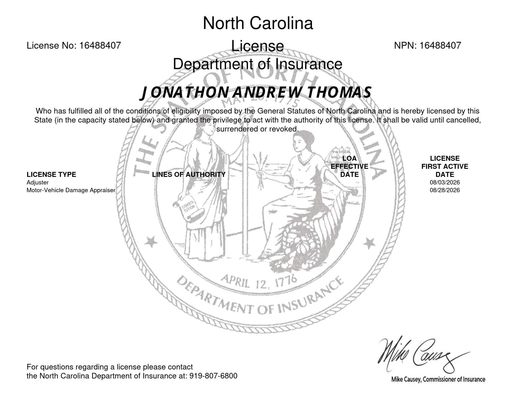 North Carolina license certificate issued to Jonathon Andrew Thomas, with the home address redacted
