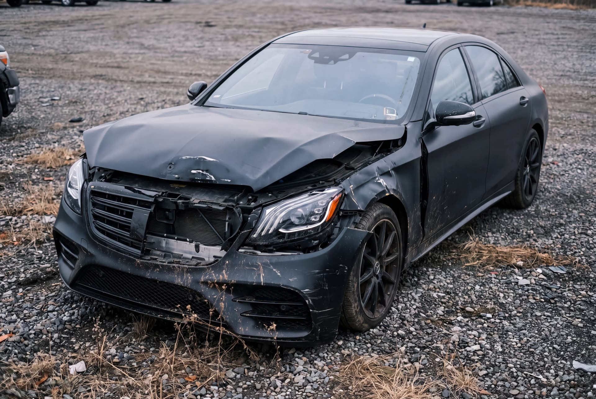 A totaled Matte Black 2019 Mercedes-Benz S-Class S560 after a front-end collision