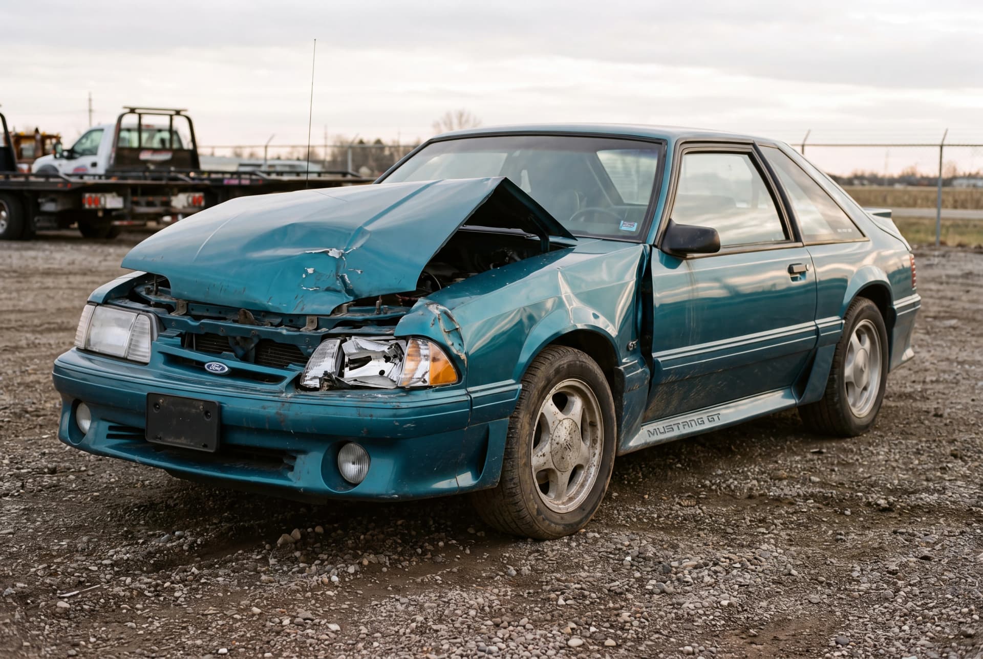 A totaled Teal 1993 Ford Mustang GT after a front-end collision