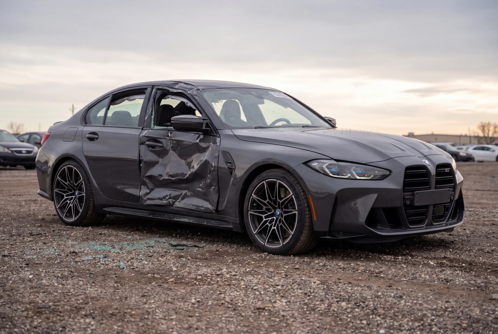 A totaled Dravit Grey Metallic 2026 BMW M3 Competition xDrive after a passenger-side collision