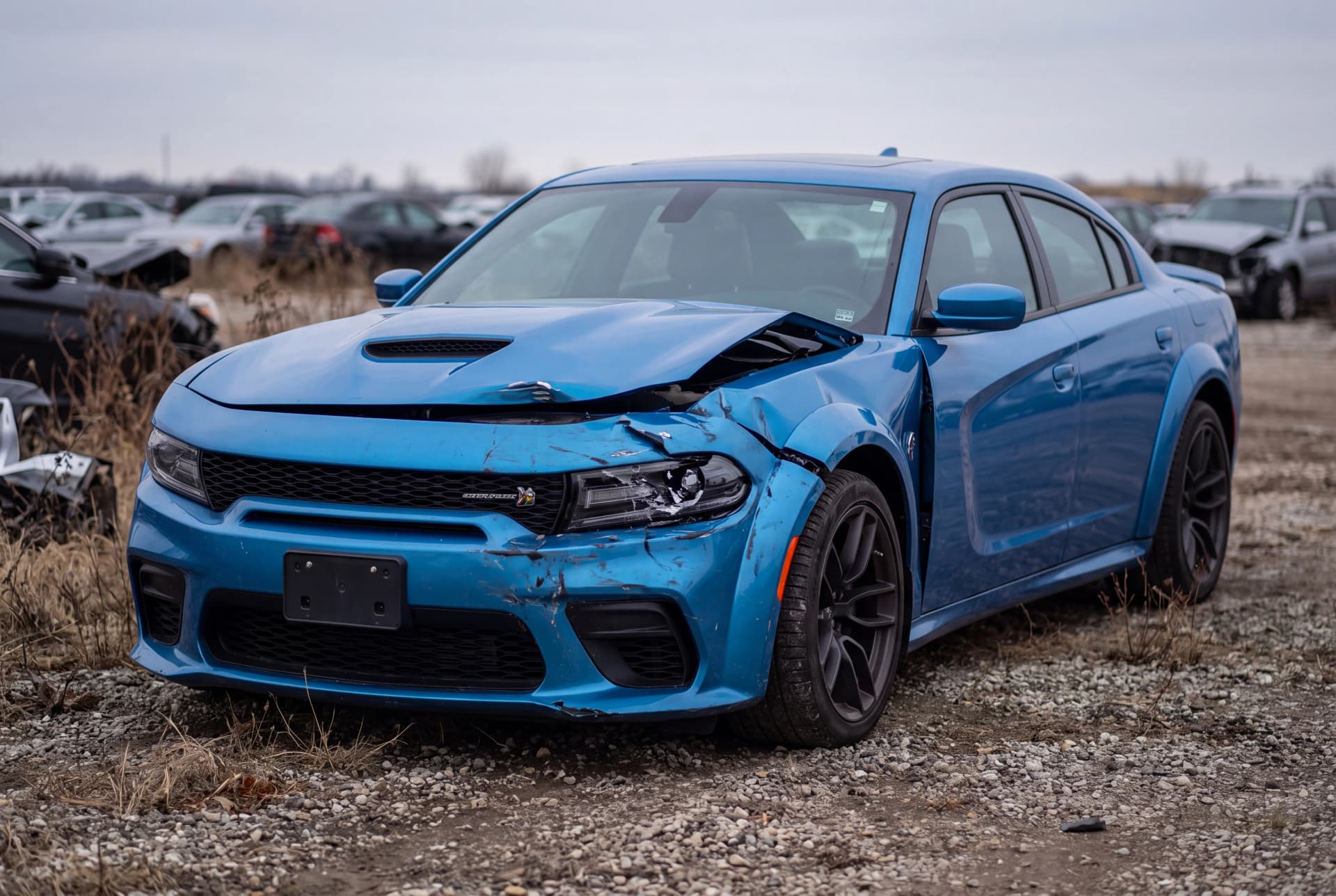 A totaled B5 Blue 2019 Dodge Challenger F/T Scat Pack Widebody after a front-end collision